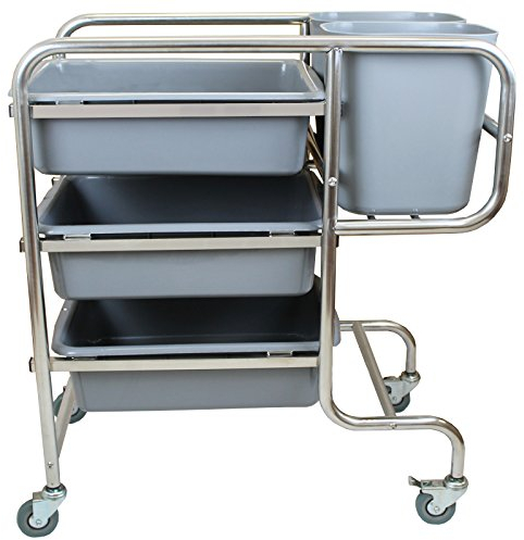 Beeketal 'BHW-5' Edelstahl Reinigungswagen Transportwagen mit Rundrohrgestell inkl. 5 Behälter, geräuscharme kugelgelagerte Vollgummi Rollen (2X bremsbar) - Maße (L/B/H): ca. 770 x 465 x 895 mm
