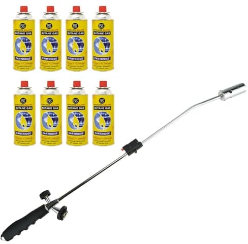 Weed Burner + 8 Butane Gas Canisters - Killer Wand Blowtorch Garden Outdoor Weeds Grass Moss Fungus Auto Ignition Adjustable Flame Flame Thrower | 8 Gas Bottles - Weedkiller