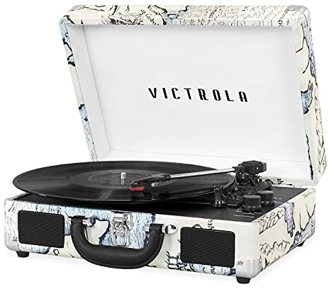 Victrola Vintage 3-Speed Bluetooth Suitcase Turntable with Speakers, Retro Map