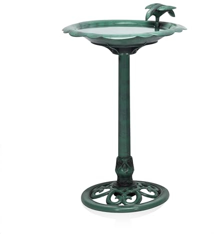 Alpine TEC114 Corporation 79 cm Tall Outdoor Antique Flower Birdbath with Bird Decoration Yard Statue, Green