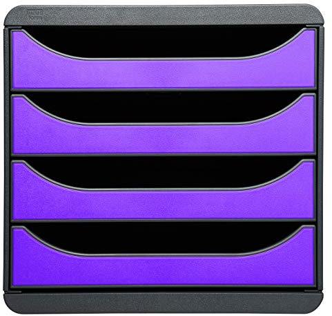 Exacompta - Ref 310720D - BIG-BOX Desktop Drawer Set - 4 x 55mm Drawers, Suitable for A4+ Documents, 347 x 278 x 267mm, 100% Recycled Plastic - Black/Purple