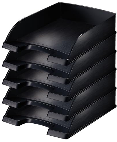 Leitz Briefkorb Standard A4, 5er Pack, Briefablage in Premium-Qualität, Stapelbare Ablagefächer als Schreibtisch-Organizer, Satin Schwarz, Style-Serie, 52540094
