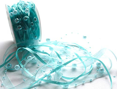CaPiSo 10m Schleifenband 3-teilig mit Organza und 4mm Perlen Dekoband Trendyband Perlenband Perlen am Band (Hellblau)