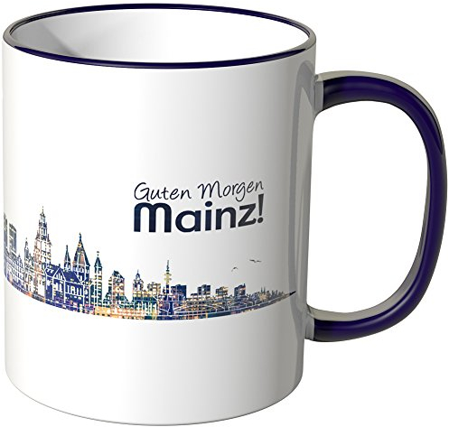 WANDKINGS® Tasse, Schriftzug Guten Morgen Mainz! mit Skyline bei Nacht - LILA