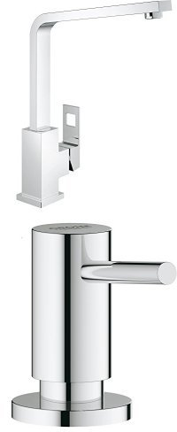 GROHE Eurocube Küchenarmatur, Schwenkbereich 360°, hoher Auslauf 31255000 + Grohe Spülmittelspender