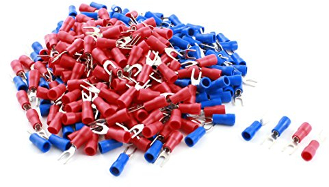 sourcing map 300 x Blue Red Insulated Fork Terminal Connector 4mm for 22-16AWG Wire