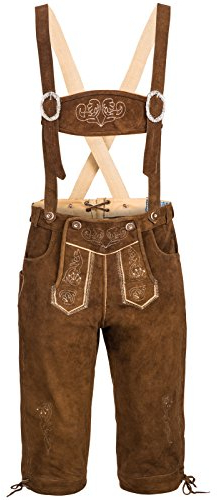 Spirit of Bavaria Herren Trachten Lederhose mit Hosenträger Kniebund Trachtenlederhose Oktoberfest Tracht Hose kurz Dunkelbraun Gr. 46-60 SK3 (52)