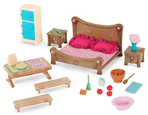 Li'l Woodzeez Juego Principal de Dormitorio y Comedor, Muebles en Miniatura y Accesorios de Cocina, Juego de Juguetes de 26 Piezas con Cama, Mesa, Nevera y más, Juguetes para niños a Partir de 3 años