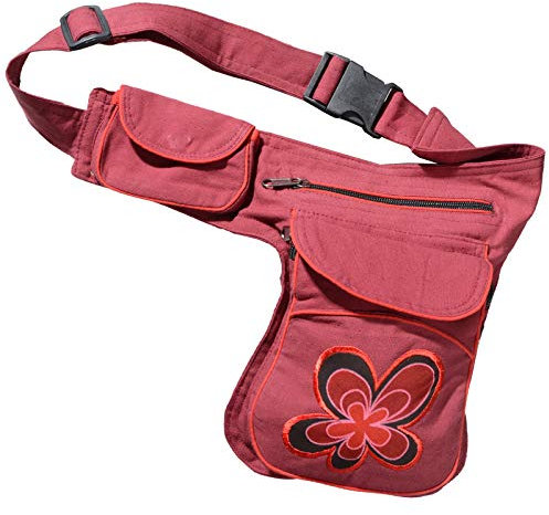 Goa Schulter Bauchtasche Gürteltasche Bauchgurt Hippie PSY Festival Blumenmotiv, Farbe:Bordeaux