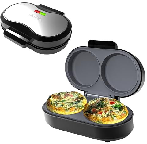 Schallen Electric Omelette Maker Healthy Eating Egg Pan | Non-Stick Coated Ceramic Plates | 2 Individual Cooking Plates with Cool Touch Handle | Stainless Steel | Black & Silver (Deep Fill)
