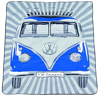 BRISA VW Collection - Volkswagen Coperta da PIC nic con Strato Impermeabile, Dotata di Borsa da Trasporto, Camper T1 Bus VW Design (Strisce Samba/Blu)