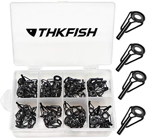 THKFISH Angelrute Reparatur Spitzenring Rutenring Angelrutenteile Tip Tops Edelstahl Keramik Spitzenringe Schwarz 80Stück
