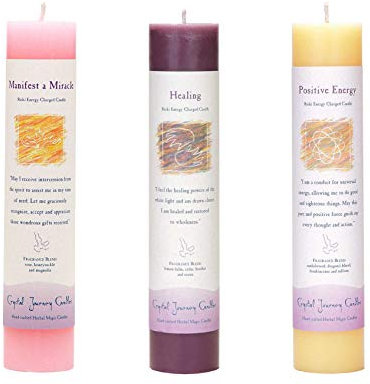 Crystal Journey Bougie pilier à base de plantes magiques chargées Reiki – Lot de manifestation (menfest un miracle, guérison, énergie positive)