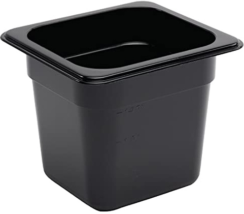 Vogue 1/6 Gastronorm Container 150mm 2.3 Litre Black Catering Food Storage Pan | Withstands temperatures from -40°C to +100°C with a reinforced lip for commercial freezer, fridge and dishwasher use.