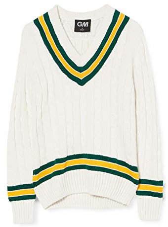 Gunn & Moore GM | Cricket Sweater Jumper Pullover | Classic Heavy Cable Knit | Long Sleeve | Cream with Green & Gold Trimmed Collar | XL to fit chest 44