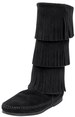 Minnetonka Women's 3-Layer Fringe Boot, Black, 8 M US