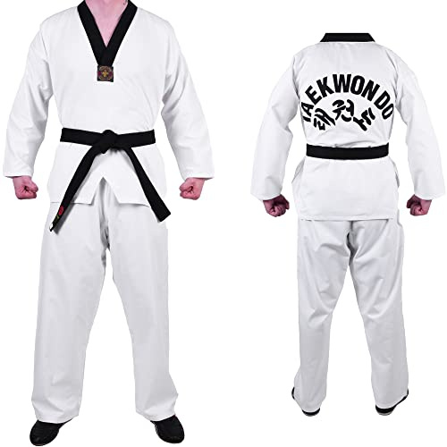 MAR | Student Taekwondo Uniform - Unisex, Adult & Children Sizes; Black V-Neck Design, Taekwondo Suit, Taekwondo Dobok, Polycotton Fabric (8oz) + FREE BELT (0/130)