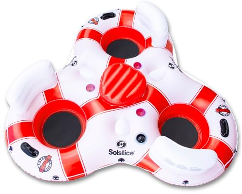 SOLSTICE Inflatable Tube Float – Heavy-Duty Material with Grab Handles for Pool, Lake & River – Compact with Backrest, Mesh Base, Cupholders & Rope – 3-Person, White & Red, 81 – Super Chill