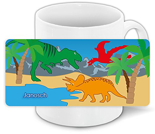 Tasse mit Namen Janosch und schönem Dinosaurier-Motiv für Jungen