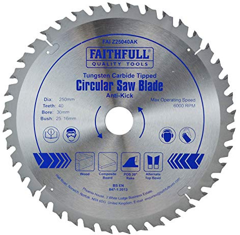 Faithfull FAIZ25040AK TCT Circular Saw Blade 250mm x 30mm Bore x 40 Teeth Anti Kick
