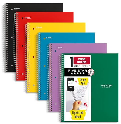 Fünf Star Spirale Notebooks, 1 Thema, breit liniert, 10–1/5,1 x 20,3 cm sortiert Farben, 6 Pack (38042)