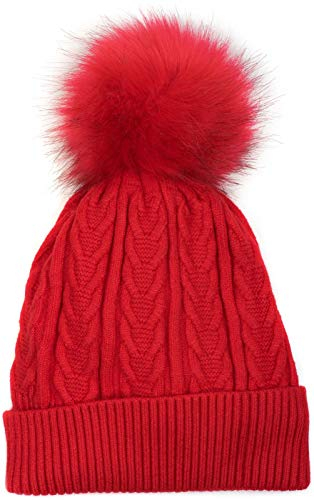 styleBREAKER Damen Feinstrick Bommelmütze mit Zopfmuster, Kunstfell Bommel Mütze, gefütterte Winter Strickmütze 04024100, Farbe:Rot