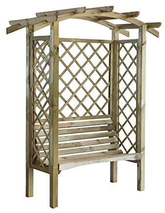 Mio-Giardino - Pergola in legno Linton con panca pannelli grigliati ed arco. Dimensioni esterni: h 208 cm x 180 cm x 85 cm