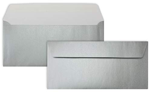 50 Silber-Metallic Brief-Umschläge DIN Lang - 11 x 22 cm - Haftklebung - glänzende Kuverts für große Einladungen und Karten, Hochzeit & Weihnachten