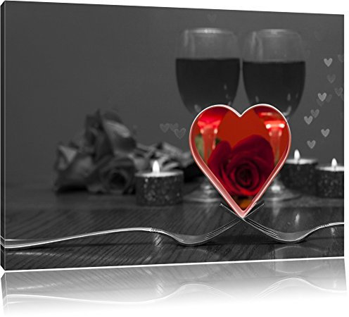 Pixxprint Valentinstags Dinner mit Herz B&W, Größe: 60x40cm, Leinwandbild, fertig gespannt, Wandbild, Dekoration, Kunstdruck, kein Poster