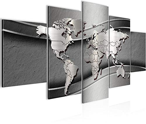 Runa Art Wandbilder Weltkarte 5 Teilig Bild auf Vlies Leinwand Deko Büro Wohnzimmer Abstrakt Metall Silber 107252b