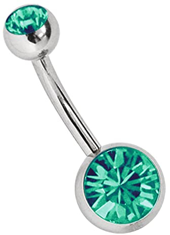Titan Bauchnabel Piercing 1,6 x 10 mm mit Zirkonias rund in 8 mm + 5 mm Stein Kugel in grün-türkis