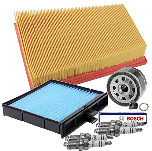 BESTPRICE Inspektionspaket Filterset mit 1x Luftfilter, 1x Innenraumfilter, 4x Zündkerze FR7DC+, 1x Ölablassschraube mit Dichtung Kompatibel mit RENAULT GRAND SCÉNIC II (JM0/1_), SCÉNIC II (JM0/1_)