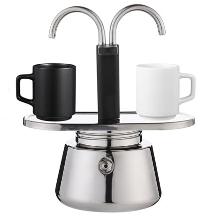 Cafetière expresso à double bec verseur, cafetière moka à double tuyau, en acier inoxydable, 2 tasses, cafetière italienne classique, cafetière à conduit DIY de 100 ml (tasses non incluses) (argent)