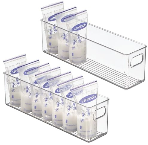 mDesign Plastic Long Stackable Storage Organizer Container, Organization Bin w/Handles for Kitchen, Pantry, Fridge, Freezer, Cabinet, Perfect to Hold Breast Milk - Ligne Collection - 2 Pack, Clear