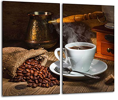 Gsmarkt | Herdabdeckplatten Schneidebrett Spritzschutz Set 2x30x52 | Bild auf Glas | Sicherheitsglas Gehärtetes Glas Bild | Motiv Kaffee