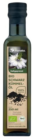 manako BIO Schwarzkümmelöl, kaltgepresst und100% rein, 250 ml Glasflasche