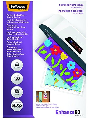 Fellowes Laminierfolien A4 mit selbstklebender Rückseite, 80 Mikron (2 x 80 mic), 100 Stück