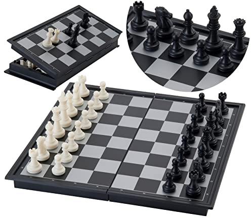Engelhart - Schachspiel magnetisch - Einklappbar Schachbrett Pädagogische Speil mit Magnetischem, Reisen, Schwarz und weiß (24 cm x 24 cm)