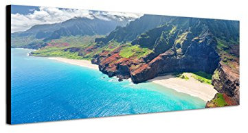 Wandbild auf Leinwand als Panorama in 150x50cm Hawaii Küste Gebirge Felsen Strand Meer