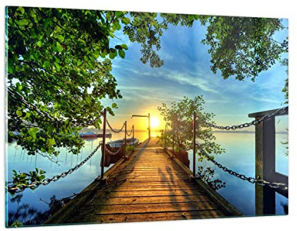 Deco Salon Lac coucher de soleil bateau paysage Moderne Impression sur Verre 120x80cm Image Tableau en Verre Decoration Murale Chambre Horizontal Art Grand XXL Tableaux Decoratifs GAA120x80-2573