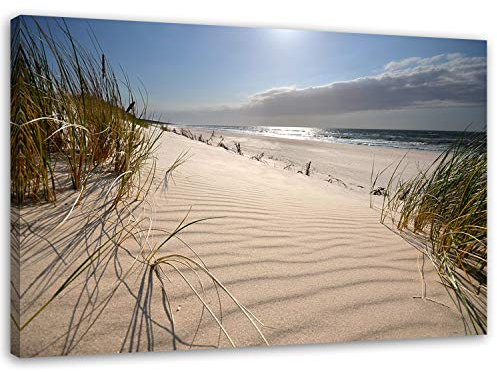 Feeby Bilder Strand Grass Meer XXL 120x80 cm Wohnzimmer Schlafzimmer Büro Flur Küche Wandbilder Modern Bild auf Leinwand Wanddekoration Kunstdruck Design Ufer Sand Ostsee Nordsee Blau