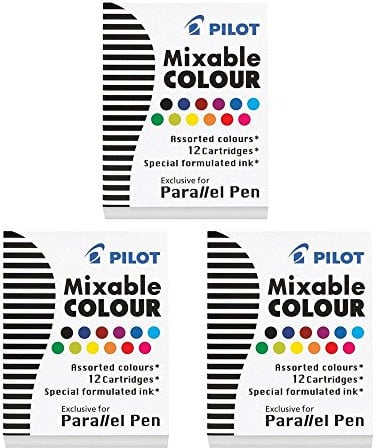 3 Boxes: Pilot Parallel Pen Ink Refills for Calligraphy Pens, Assorted Colors, 12 Cartridges per Pack (77312)