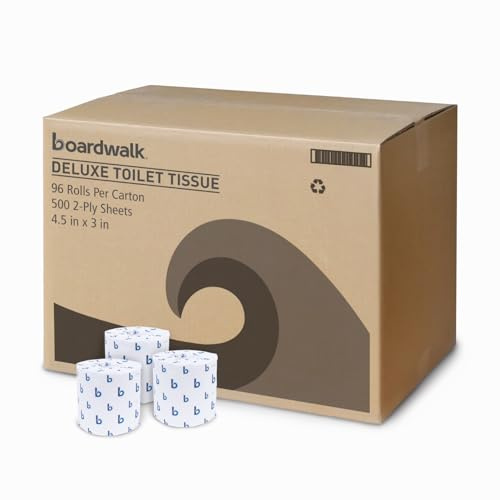 Boardwalk 6180 Zweilagiges Toilettenpapier, Weiß, 4 1/2 x 3 Blatt, 500 Blatt pro Rolle (Packung mit 96 Rollen)
