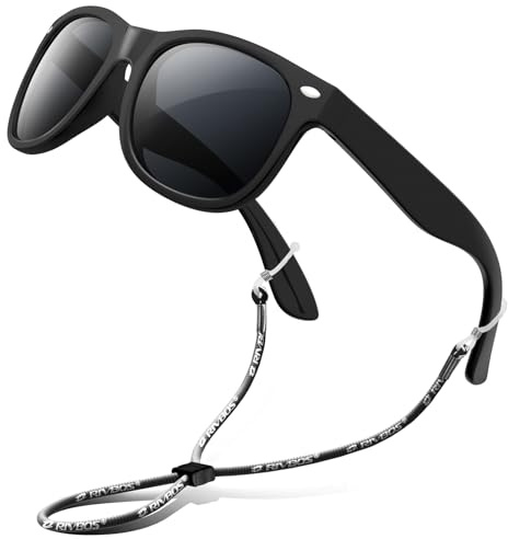 RIVBOS Kids Sunglasses Boys&girls with Strap Polarized Rubber Flexible Shades for Toddler and Children Age 3-10 RBK004-2 Black
