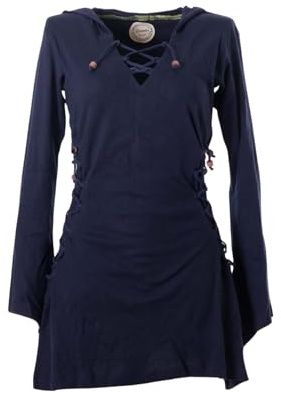 Vishes Elfenkleid mit Zipfelkapuze & Schnürbändern in Dunkelblau | Größe 4XL (50-52) | Handgefertigt aus 100% Baumwolle | Ideal für Herbst & Frühjahr | Nachhaltige Alternative Bekleidung