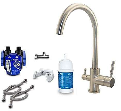 3-Wege-Wasserhahn Rainbow Edelstahl Look + Untertisch-Wasserfilter: BRITA Filter-Kopf, BRITA Filter P1000, Flexschlauch, Eckventil-Adapter