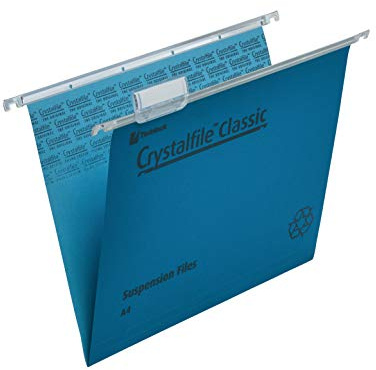 Rexel A4 Suspension Files with Tabs and Inserts for Filing Cabinets, 15 mm V base, 100 Percent Recycled Manilla, Blue, Crystalfile Classic, Pack of 50, 78160