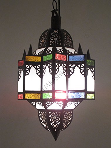 Saharashop Orientalische Hängelampe Fassia Milchglas, mit Aufhängekette Baldachin und E27 Lampenfassung, Schöne Dekoration für Wohnzimmer, Küche, Esszimmer, Büro oder Schlafzimmer