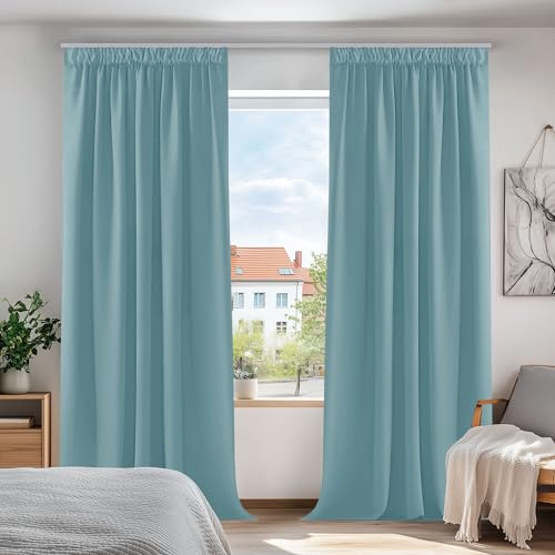 Deconovo Super Soft Thermal Insulated Pencil Pleat Curtains Blackout Curtains for Living Room 90 x 90 Sky Blue Two Panels