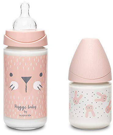 Suavinex Pack Babyflasche Glas Premium 120 ml + 240 ml. Runder Silikon-Sauger 3 Positionen. Mit Anti-Kolik-System. Babys +0 Monate, Rosa